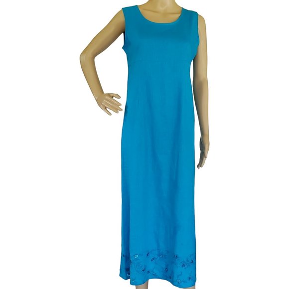Vintage Sag Harbor Linen Dress Women's 6P Sleeveless Midi Blue Beads & Sequins - Picture 3 of 9